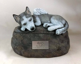 Ceramic Engraved Custom Siberian Husky Painted Cremation Urn with name plate- hand made pet urn