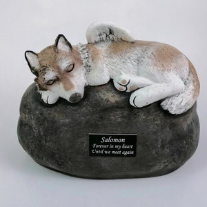 Ceramic Engraved Custom Bottom Loading Siberian Husky Painted Cremation Urn with name plate- hand made pet urn