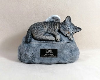 Ceramic Engraved/Customized Painted Cat two piece urn with Shortened Tail - hand painted, customized, indoor or outdoor