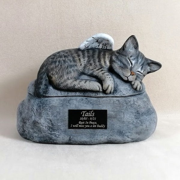 Ceramic Engraved/Customized Painted Cat two piece urn with Shortened Tail - hand painted, customized, indoor or outdoor