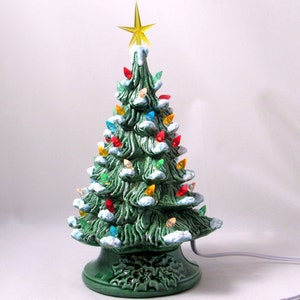 READY TO SHIP-Small Vintage Style Glazed Ceramic Christmas Tree with kiln fired snow-10 inches with base, hand made, painted, pine tree image 5
