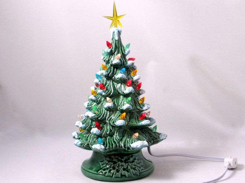READY TO SHIP-Small Vintage Style Glazed Ceramic Christmas Tree with kiln fired snow-10 inches with base, hand made, painted, pine tree image 5