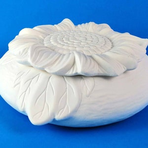 Ceramic Handmade Ready to Paint  Sunflower Jewelry Box, kiln fired glaze inside-DIY