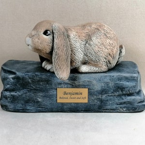 Ceramic Engraved Custom Painted Bottom Loading Lop Eared Rabbit or Bunny Cremation Urn with Plastic Name Plate- hand made pet urn