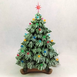 Small Ceramic Christmas Tree with Tree-8.5 inches with wood look holly leaf base, hand made, painted, fir tree