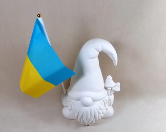 READY TO SHIP-Ready to Paint Medium Garden Gnome holding mushrooms and flag of Ukraine- 11 inches,  lawn or garden gnome, outdoor or indoor