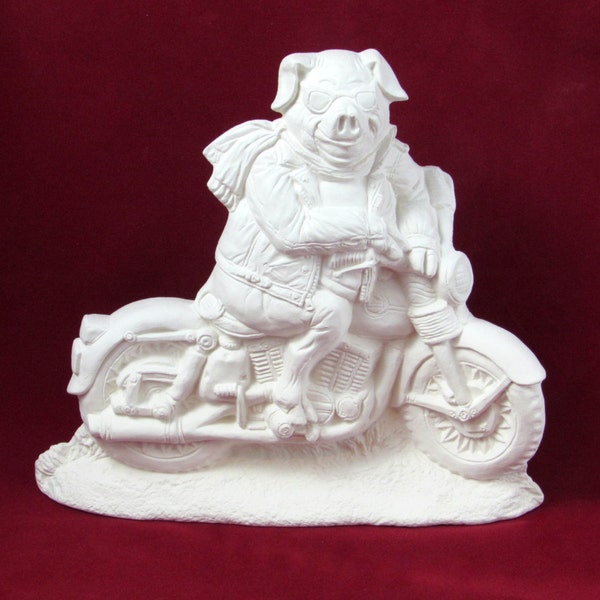 Ceramic Ready to Paint "Hog, Pig on a Motorcycle - 6.75 inches, bisque, unpainted ceramic