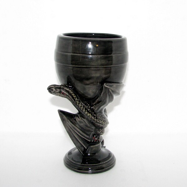 READY TO SHIP-Black Ceramic Dragon Goblet or Glass - 8 inches - hand painted fantasy goblet or wine glass, medieval