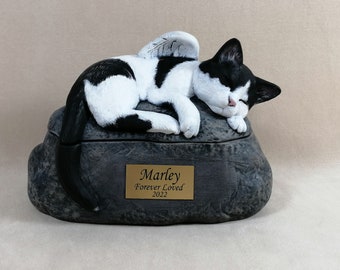 Ceramic Engraved Custom Painted Short Haired Cat Cremation Urn with Plastic Name Plate- hand made pet urn
