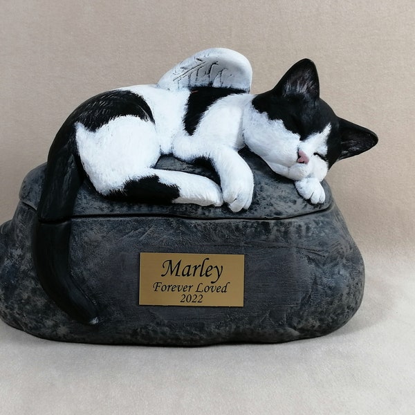 Ceramic Engraved Custom Painted Short Haired Cat Cremation Urn with Plastic Name Plate- hand made pet urn