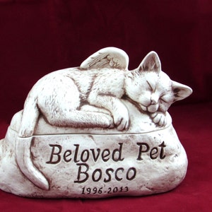 Brown Antiqued Ceramic Engraved Painted Cat Cremation Urn - hand made pet urn
