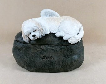 Ceramic Engraved Poodle Mix Painted Cremation Urn - hand made pet urn-engraved directly on the urn