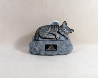 Ceramic Engraved Painted Cat Cremation Urn with shortened tail and aPlastic Engraved  Name Plate- hand made pet urn