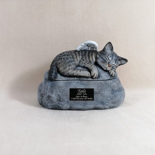 Ceramic Engraved Painted Cat Cremation Urn with shortened tail and aPlastic Engraved  Name Plate- hand made pet urn