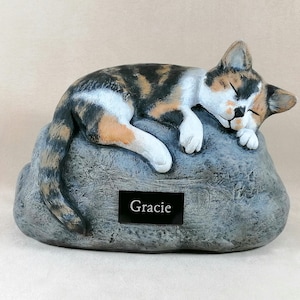 Ceramic Engraved Custom Painted Bottom Loading Short Haired Calico Cat Cremation Urn with plastic name plate- hand made pet urn