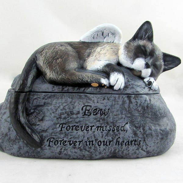 Ceramic Engraved Painted Siamese Cat Cremation Urn - hand made pet urn with engraving directly on the urn.