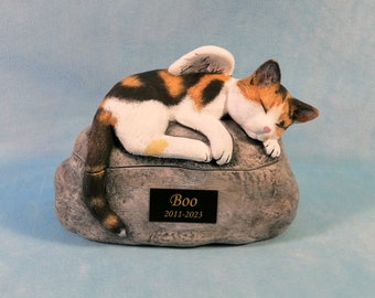 Ceramic Engraved Custom Painted  Calico Cat  2 Piece Cremation Urn with Plastic Name Plate- hand made pet urn