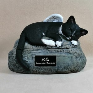 Ceramic Engraved Custom Painted  short haired Cat Cremation Urn with Plastic Name Plate- hand made pet urn
