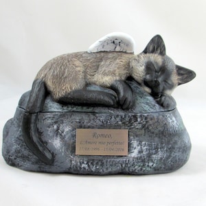 Könnte beinhalten: Eine Keramik-Tierurne in Form eines Steins mit einer schlafenden Siamkatze mit weißen Engelsflügeln obenauf. Die Urne hat eine Messingplakette mit der Inschrift "Romeo, L'Amore mio perfetto! 17/08/1996-15/04/2016".