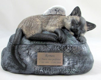 Ceramic Engraved and Custom Painted Siamese Cat Cremation Urn with Plastic Name Plate- hand made pet urn-please provide photos