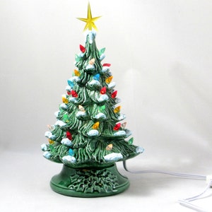 READY TO SHIP-Small Vintage Style Glazed Ceramic Christmas Tree with kiln fired snow-10 inches with base, hand made, painted, pine tree image 2