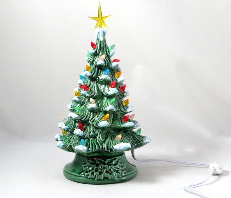 READY TO SHIP-Small Vintage Style Glazed Ceramic Christmas Tree with kiln fired snow-10 inches with base, hand made, painted, pine tree image 2