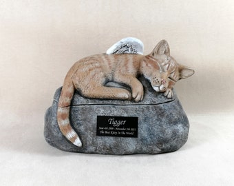Ceramic Engraved Painted Cat Cremation Urn with thin face and  Plastic Name Plate- hand made pet urn