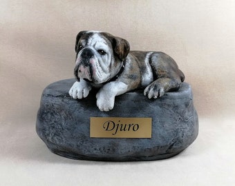 Custom Painted Bulldog Cremation Urn with  large rock for pets over 75 pounds with floppy ears and larger face plastic name plate included.