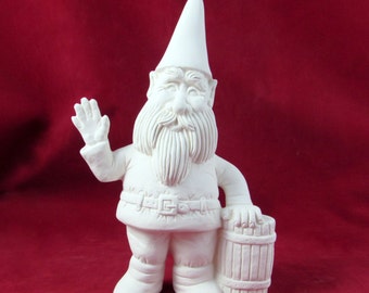 Ceramic Unpainted Waving Happy Garden Gnome with Barrel- 10 inches,  lawn or garden gnome, outdoor or indoor