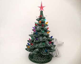 READY TO SHIP-Small Vintage Style Glazed Ceramic Christmas Tree -10 inches with base, hand made, painted, pine tree