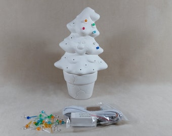 READY TO PAINT-- Cute "Crackpot" Ceramic Christmas Tree kit with base, electric kit , and pinlights -11 inches with base