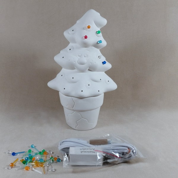 READY TO PAINT-- Cute "Crackpot" Ceramic Christmas Tree kit with base, electric kit , and pinlights -11 inches with base