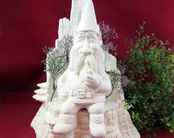 Ready to Paint Sitting Gnome with Pipe and Stump- bisque lawn or garden gnome, outdoor or indoor