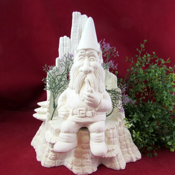 Ready to Paint Sitting Gnome with Pipe and Stump- bisque lawn or garden gnome, outdoor or indoor