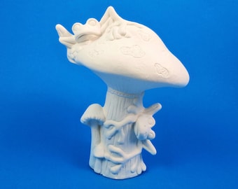 Ready to Paint-Highly detailed Ceramic Mushroom with cute frogs  ,  lawn or garden gnome, outdoor or indoor