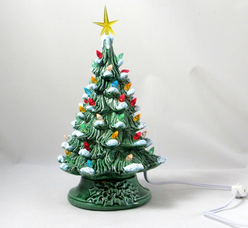 READY TO SHIP-Small Vintage Style Glazed Ceramic Christmas Tree with kiln fired snow-10 inches with base, hand made, painted, pine tree image 7