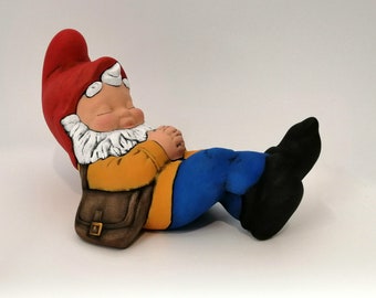 READY To SHIP-Ceramic Painted  Reclining Vintage  Gnome - 8-9 inches long,  lawn or garden gnome, outdoor or indoor-DIY