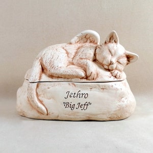 Brown Antiqued Ceramic Engraved Painted Cat Cremation Urn - hand made pet urn