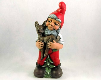 READY TO SHIP Santa's Helper  Gnome with Deer - 12 inches, bisque lawn or garden gnome, outdoor or indoor