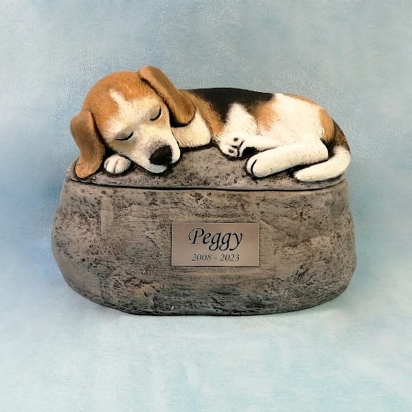 Ceramic Beagle Custom Painted Dog Cremation Urn  -Pet hand made urn with an engraved name plate and longer ears.