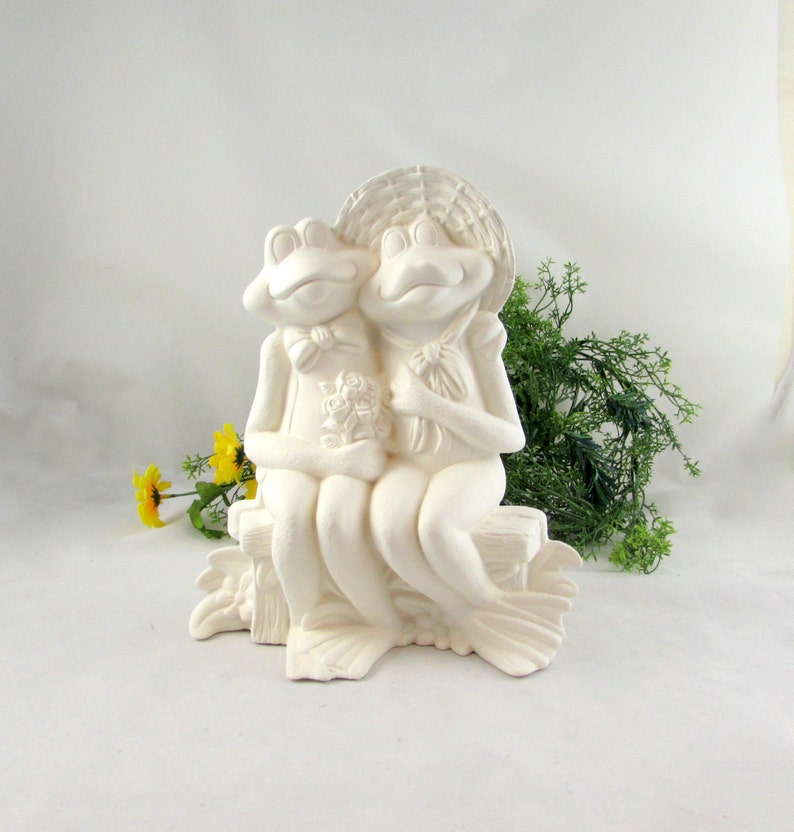 Ceramic Ready to Paint Two Frogs Sitting on a Bench 10 inches bisque, indoor or outdoor, for Canadian clients/GST/HST included in price image 1