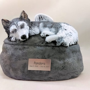 Ceramic Engraved Custom Siberian Husky Painted Cremation Urn with name plate- hand made pet urn