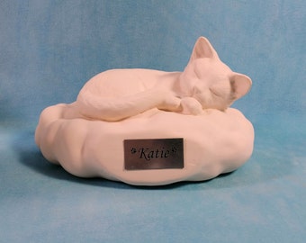 READY TO SHIP-Ready to Paint-Ceramic Bottom Loading  Cat Cremation Urn with included plastic name plate-handmade pet urn