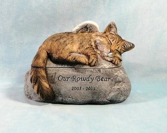 Ceramic Engraved Custom Painted medium or long haired Cat Cremation Urn - hand made pet urn with direct engraving