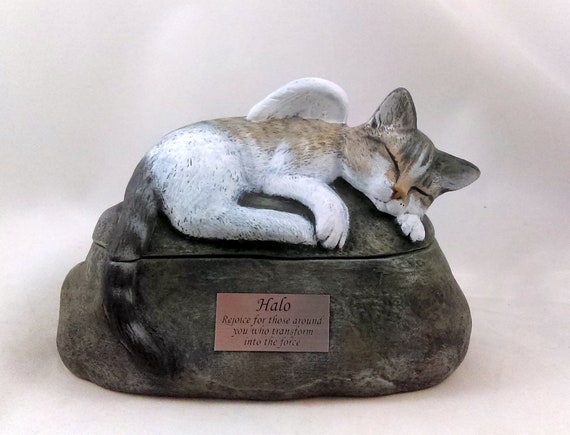hand made pet urn Ceramic Engraved Painted Cat Cremation Urn with Plastic Name Plate