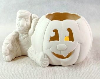 READY TO SHIP- Ready to Paint-Mummy with Pumpkin Candy Dish or Tea Light Holder - 3 inches x 5 1/4  inches - hand made, Halloween, candles