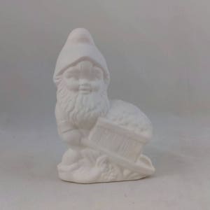 Ready to Paint Ceramic Small Gnome with Wheelbarrow - 5 inches,  lawn or garden gnome, outdoor or indoor