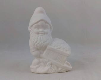 Ready to Paint Ceramic Small Gnome with Wheelbarrow - 5 inches,  lawn or garden gnome, outdoor or indoor