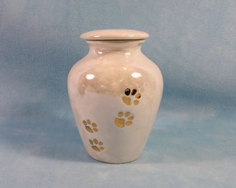 READY TO SHIP-Ceramic Cat Pet Urn with paw prints in  gloss glaze and real gold with mother of pearl, Hand made -5.5 inches tall