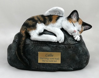 Ceramic Engraved Custom Painted  Calico Cat  2 Piece Cremation Urn with Plastic Name Plate- hand made pet urn